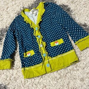 Matilda Jane Blue Polka Dot Ruffle Cardigan with Lime Trim